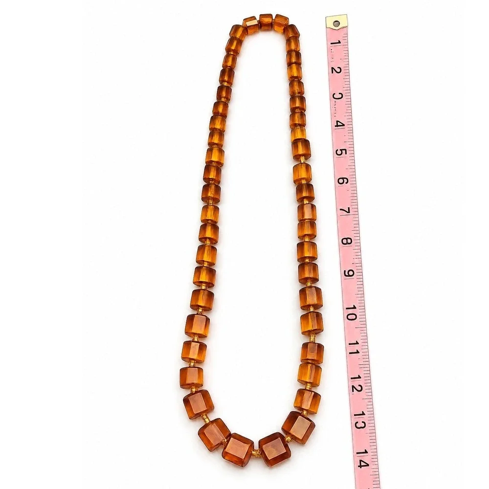 Vintage Amber Tone Faceted Lucite or Acrylic Cube Bead Necklace 26